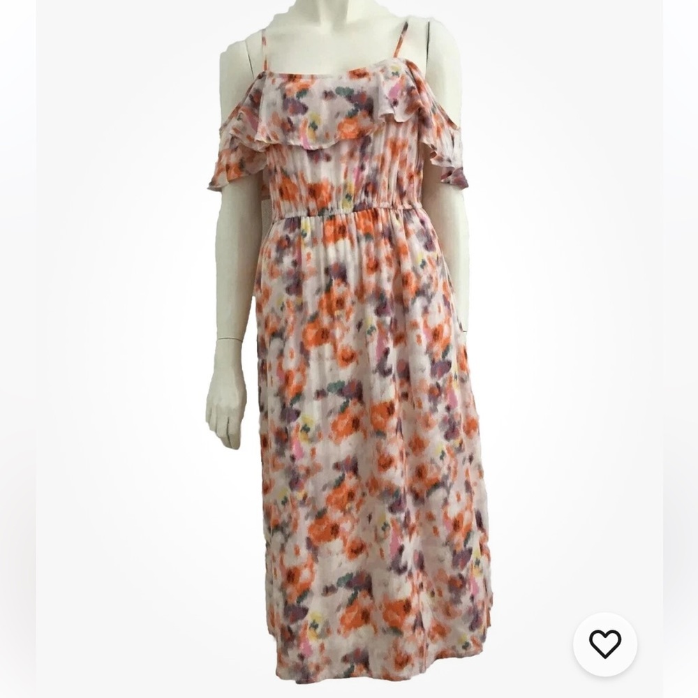 Lucky Brand Ruffle Cold Shoulder Midi Dress Abstract Floral Print Medium NWT $79